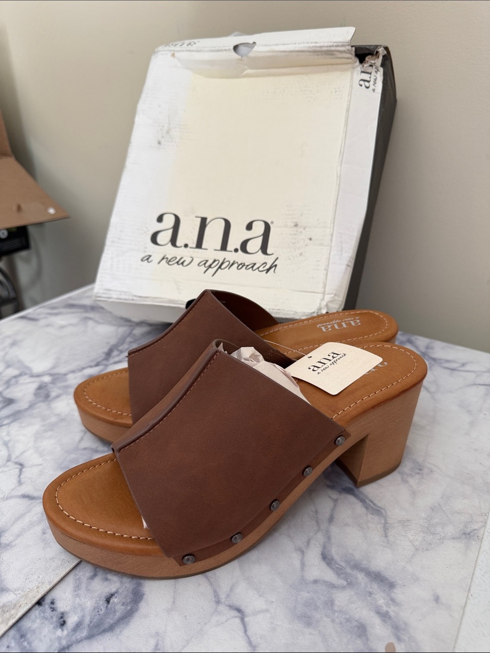 a.n.a Brown Wide-Strap Slide Sandals